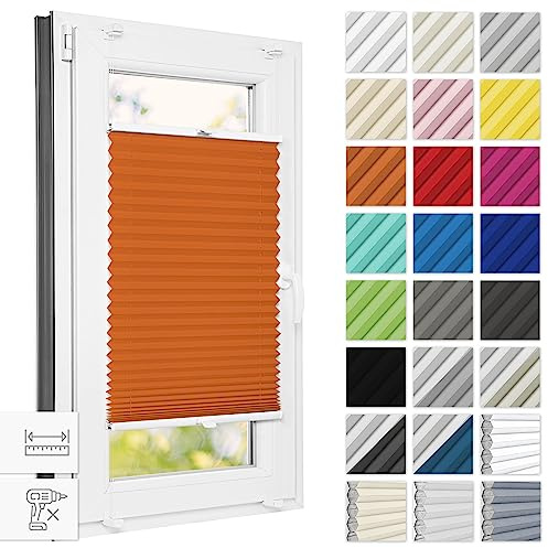 Estika Plissee ohne Bohren 85 cm x 150 cm - Orange - Bruchfeste Klemmhalter, Plissee Klemmfix, Rollos für Fenster ohne Bohren, Jalousien Fenster für innen, Raffrollo, Fensterplissee