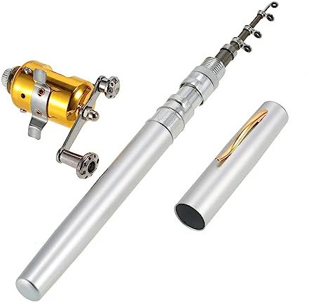 Jatzde Mini Portable Pocket Fish Rod Pen Aluminum Alloy Fishing Rod Pole Reel Combos （Silver）