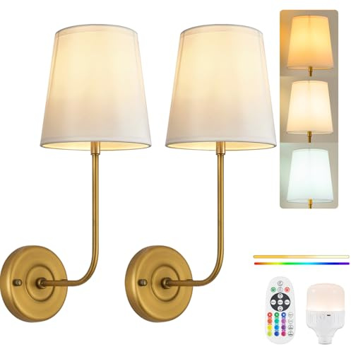 PASSICA DECOR Battery Operated Wall Light Set of 2, Rechargeable Wall Lights with Dimmable Bulb, 15 Colors and Remote Control, Wireless Sconces for Bedroom, Living Room