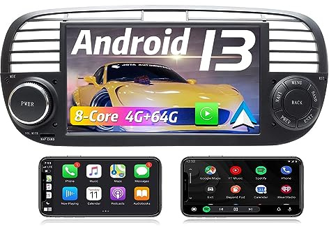 Autoradio per Fiat 500 Carplay Bluetooth Android 13,Stereo per Fiat 500 2007-2016 Écran Tactile 7inch, 8-Core 64 Go ROM Auto Con 4G/GPS/WiFi/BT/Radio/Tpms/FM/USB/Mic/LTE