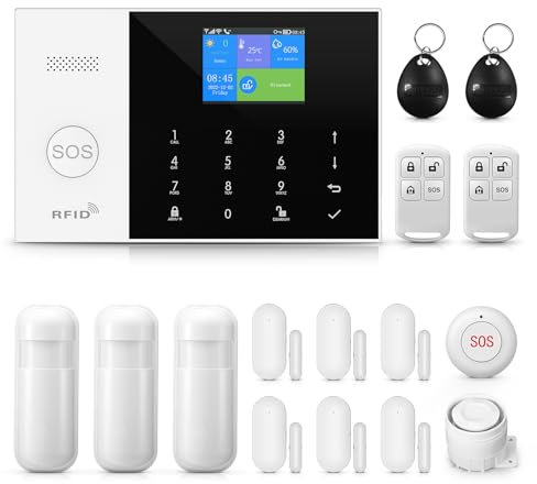 PGST Home Security System, 16 Piece WiFi GSM 2G Home Security Alarm System with Remote Control Door Window Alarm Sensor IR Motion Detector Compatible with Alexa