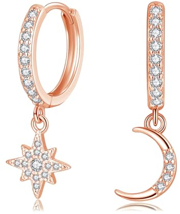 Loutade Sterling Silver Drop Hoop Earrings for Women - Moon Star Dangle CZ Huggie Cartilage Small Sleeper Earrings - Hypoallergenic