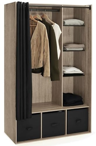 IDMarket - Dressing penderie Diane 105 x 50 x 172 cm hêtre avec étagères + boites de Rangement + Rideau Noir