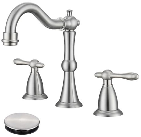 JXMMP Rubinetto da bagno a 3 fori in nichel spazzolato, rubinetto per lavabo da bagno antico diffuso con scarico pop-up e tubo di alimentazione cUPC, moderno rubinetto per lavabo spazzolato moderno a