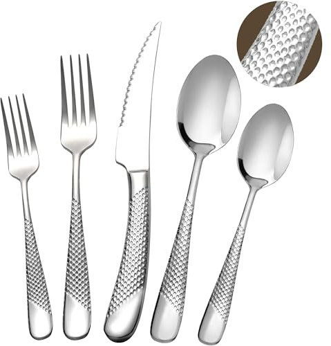 SHEUMNT 20 Stück Hammerschlag Silber Besteck, 18/10 Edelstahl Besteck Set, Modernes Küchenutensil Set Service für 4, Geschirr Set, Essbesteck inklusive Gabel Löffel und Messer