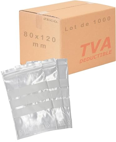 Jeco - Lot de 1000 sachets à fermeture zip format 80 x 120mm : 8 x 12 cm 3 bandes blanches d'écriture 50µ - qualité alimentaire