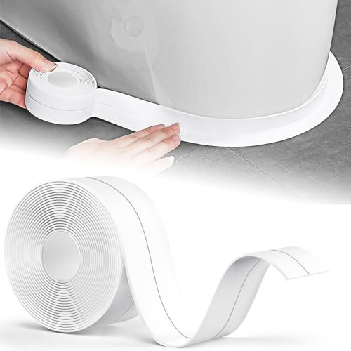 Chiosa Joint Silicone Blanc Salle de Bain, 5m*38mm Joint Baignoire, Ruban D'étanchéité, Anti-Moisissure et Imperméable, Plinthe Souple Autoadhésive Adapté à la Cuisine, les Toilettes