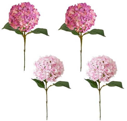 4 Pezzi di Ortensia Artificiale con Foglie, Steli di Ortensia in Colori Finti, Composizione Floreale Artistica di Ortensia, per Cesto di Fiori, Vaso, Decorazione da Tavolo(Rosa chiaro+rosa viola)