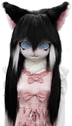 WLYEZAU Fursuit Kig-Tiermaske, Anime-Stil-Tierkapuze, Lolita-Halloween-Kostüm-Kopfbedeckung, tragbare Kapuzenparty-Verkleidung(Color:E)