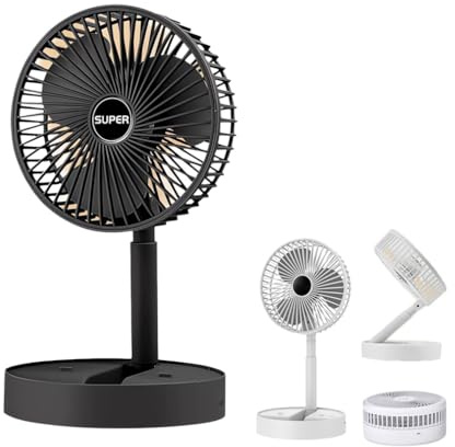 Telescopic Folding Fan, Teleskop-Faltventilator, Tragbarer USB wiederaufladbarer klappbarer Tischventilator, 3 Geschwindigkeiten Leise Oszillierender Ventilator, Mini-Kühlventilatoren (Schwarz)
