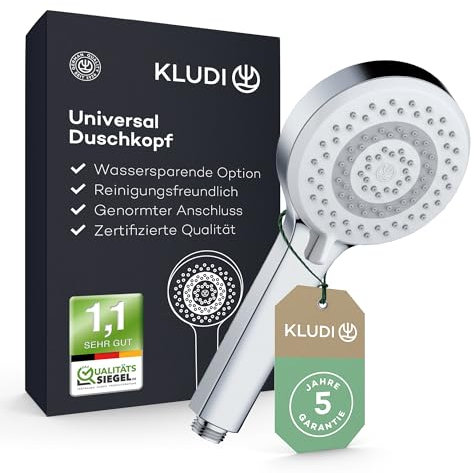 KLUDI-X1 Universal Duschkopf wassersparend als Option, Duschbrause mit 3 Strahlarten (Body, Hair, Skin), reinigungsfreundlicher Brausekopf Ø 10,7 cm, Shower Head mit Antikalk-Funktion in Chrom