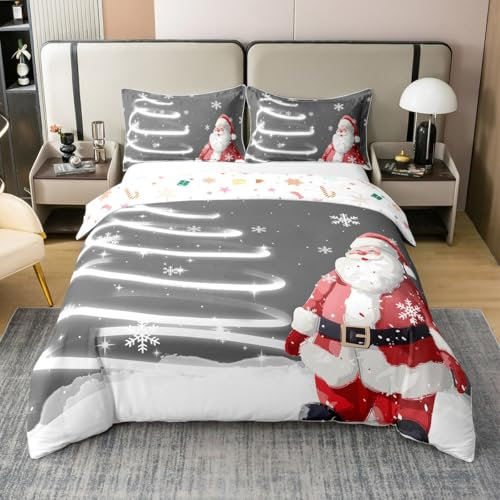 Weihnachtsmann 100% Bio Baumwolle 200x200 Bettbezug,Graue Schneeflocke Tröster Abdeckung,Glitter Lines Baum Bettwäsche Set,Cartoon Weihnachten Schlafzimmer Dekor Bettbezug für Kinder Mädchen