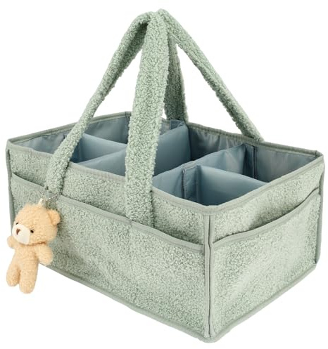 Baby blöja Caddy Organizer med fack vikbart skötbord arrangör med björndocka multifunktionell blöjorganisatör förvaring för blöjor babydukar flaskor leksaker (grön)
