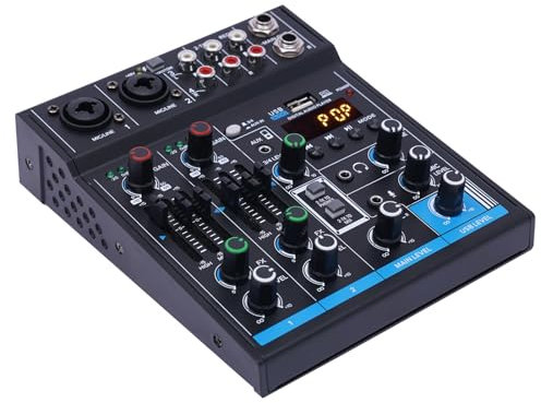 Mini Audio DJ Mixer Soundboard-Konsolensystem mit 4 Kanal Mikrofoneingang, 48V Phantomspeisung Professioneller Audiomixer mit Digitale Effektprozessor, Multifunktions Bluetooth Audio Sound Mixer