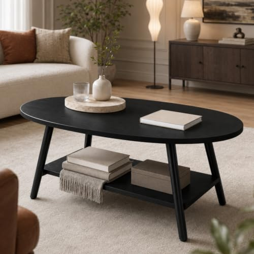 Hawthyhome 2-Tier couchtisch Oval Holz, Schwarz | Wohnzimmertisch aus Holz mit Metallrahmen, Moderner Beistelltisch Kaffeetische für Wohnzimmer Schlafzimmer, 90 * 60 * 43cm