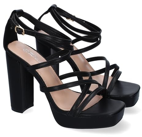 shoes&blues.es 91325 Sandalias de Tacon para Mujer, Elegantes, Diseno Moderno con Tiras Cruzadas con Cierre de Hebilla, Ideales para Primavera-Verano. Negro Talla 38