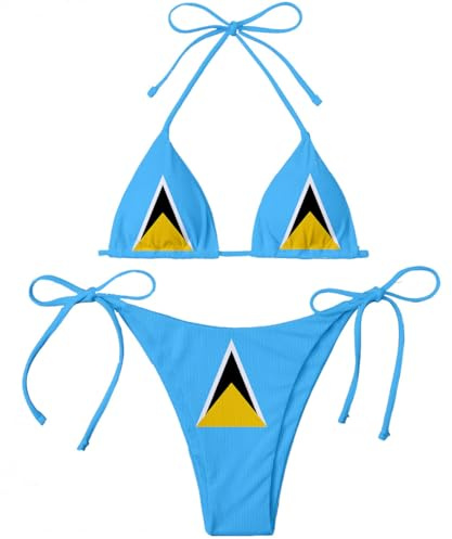 St. Lucia Country Flag Print Women Micro Sexy Bikini Bra Set Summer Beachwear Sexy Beach Two Pieces Bathing Suits Swimwear, Blue, XXL/3XL