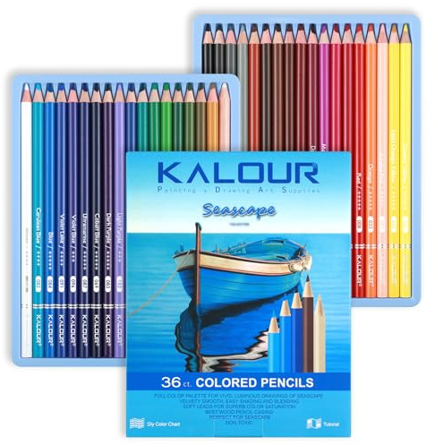 KALOUR PDAS 36-teiliges Buntstiftset „Blue Seascape“, vorgespitzte Holzbuntstifte für Erwachsene, Künstler und Anfänger – zum Ausmalen, Zeichnen & Skizzieren
