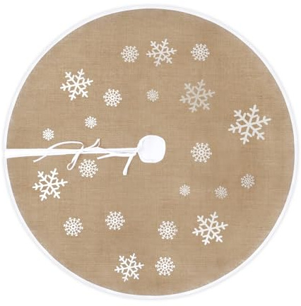 CxutSa Jupe de Sapin de Noël Ø 120cm Cache Pied Sapin de Noël en Toile de Jute Imprimée Flocon de Neige Blanc pour Décorations de Nouvel an, Décoration de Vacances pour Ferme, Intérieur et Extérieur