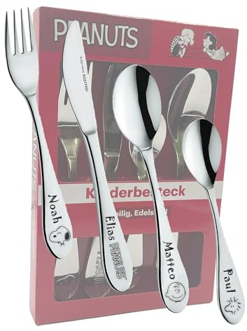 Peanuts Kinderbesteck mit Gravur - Personalisiertes Besteck mit Namen oder Datum - Edelstahl Kinderbesteck Set mit Gravur - Geschenk zur Geburt, Taufe, Geburtstag, Geschenk Junge & Mädchen
