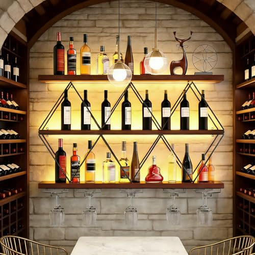 150cm Portabottiglie da Parete in Stile Industriale con Portabicchieri Grande Portabottiglie Fai da vino in Legno Metallo a 3 Livelli Moderno da Bar Galleggiante a Forma di Diamante (A, 150cm)