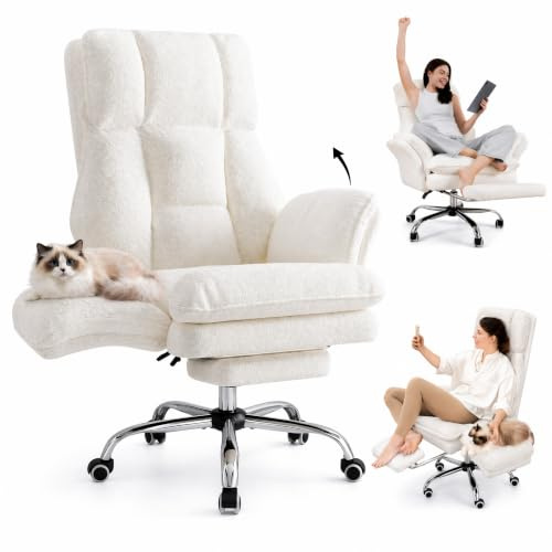 Big and Tall Office Chair with Footrest, Cross-Legged Sitting, Teddy Beige | Ergonomic Executive Desk Chair, High Back Reclining Home Office Chair, Computer Chair with Flip-Up Armrests, Wide Seat