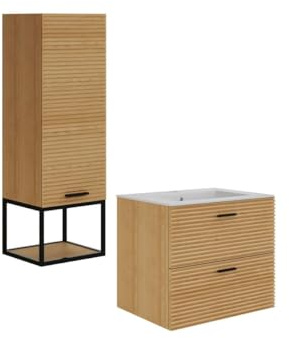 Vente-unique - Meuble de Salle de Bain Suspendu strié avec Vasque à encastrer et Colonne avec Niche - 2 tiroirs - Naturel Clair - 60 cm - SARONE