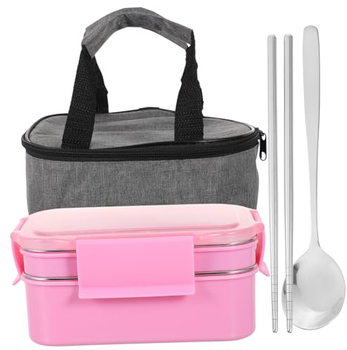 Toyvian Caja Almuerzo Térmica de Acero Inoxidable Fiambrera Portátil con Compartimentos Dobles Incluye Bolsa Aislante y Cubiertos para Oficina y Escuela