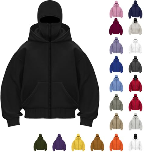 Generisch Zip Hoodie Herren Damen Einfarbig Kapuzenpullover Warm Mit Sturmhaube Casual Reißverschluss Und Tasche Lockeres Sweatjacke Y2K Tops Fleece Winddichte Motor Fahrrad Kapuzenjacke Schwarz M