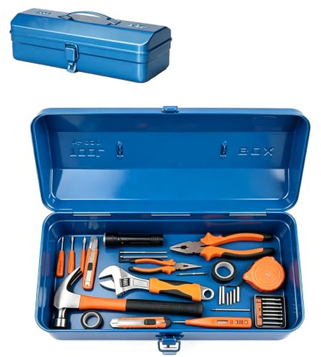 Werkzeugkoffer leer Metall mit Tragegriff und Verriegelung, 37×16×12cm Gross Werkzeugbox, Robust Langlebig, Werkzeugkasten Transportkoffer für Universelle Aufbewahrung und Transport von Zubehör(Blau)