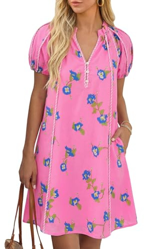 Cicy Bell Womens Summer Puff Sleeve Dresses Floral Print Ruffle Vneck Dress