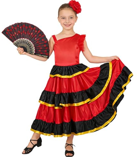 LOLANTA Robe Flamenco à Volants pour Fille, Style Sevillana Espagnol, avec Fleur Rouge et Éventail, 180 degrés, 9-10 Ans, 140