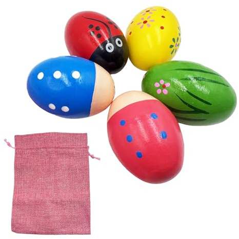 Rasseleier Musikinstrumente, 5 Stück Musical Egg Shaker, Ostereier aus Holz, Eier Maracas, Holz Percussion Musikintrument, Baby Musikspielzeug Deko, für Ostern-Korb-Stuffers-Deko und Ostergeschenke