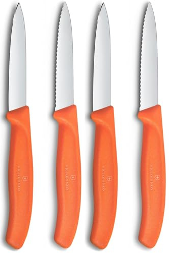 Victorinox Swiss Classic Coltello per verdure e spelucchini, per frutta e verdura, Extra affilato, dritto e seghettato, Acciaio inox, Arancione (Confezione da 2)