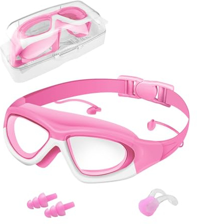 Hingue Lunettes de Natation pour Enfants avec Protections Nez et Oreilles, Verres Larges Anti-Buée et UV, Ajustement Confortable pour Filles et Garçons