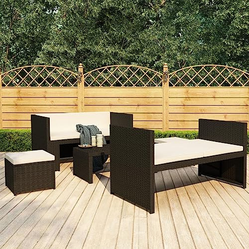 Kaloriko 5-TLG. Garten-Lounge-Set, Poly Rattan Schwarz, mit Auflagen, wetterfest, für Terrasse & Balkon, 130x70x70cm