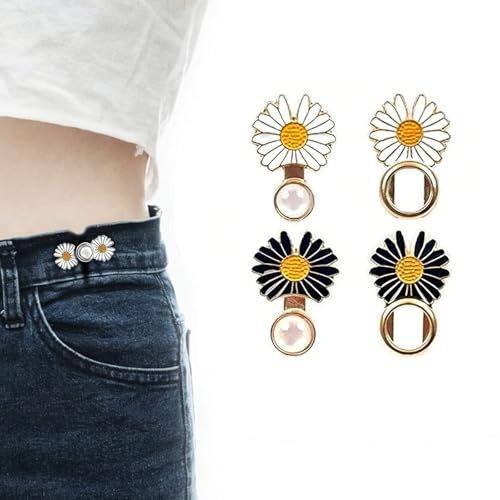 4 Pairs No-Sew Waist Tightener Clips, Daisy Jean Buttons Instant Cincher | Zinc Alloy Build, Damage-Free Removal, Reusable Design, Black White Sets for Trousers Skirts Dresses Shirts with Storage Case