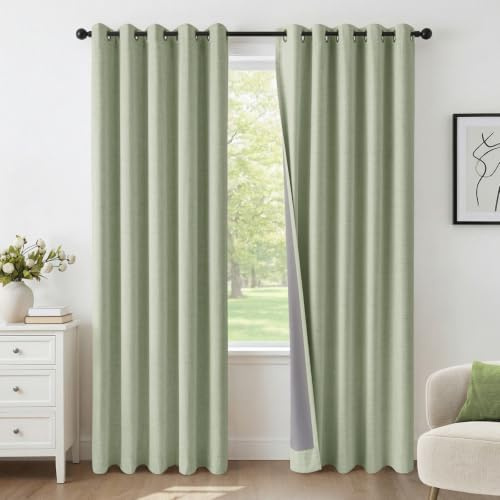 INOVADAY 100% Verdunklungsvorhänge 2 Stück Salbeigrün, H245xB140 cm | Gardinen mit Ösen Wohnzimmer, Vorhang Blickdicht Leinenoptik, Thermovorhang für Schlafzimmer, Geräuschreduzierend, OEKO