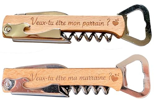 3 en 1 Tire-Bouchon & Décapsuleur – Ouvre-Bouteille Vin & Bière – Cadeau Annonce Grossesse pour Futur Grand-Père – Idée Originale et Émotionnelle (Set demande marraine et parrain)