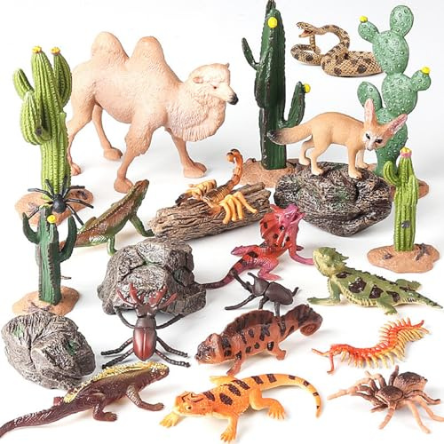Ferricult Kunststoff-Tierspielzeug, 24 Stück Mini-Wüstentierfiguren mit Kaktus, lebensechte Tierfiguren, Lernspielzeug für Kinder und Kleinkinder