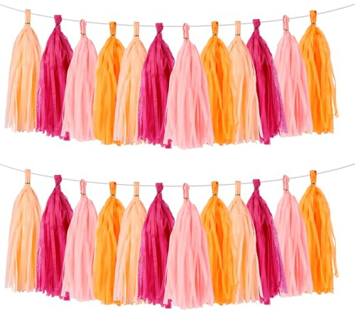 BestoFun 40 Stück Quasten Girlande Orange Rosa – Tissue Papier Tassel Girlande Apricot Pink Hängedeko Papierquasten Banner für Geburtstag, Sommerparty, Hochzeit, Baby Shower & Party Dekoration