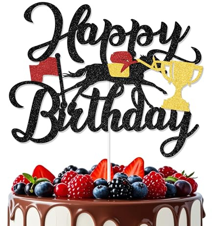 Aumccxz Derby Horse Theme Happy Birthday Cake Topper Horse Birthday Decorations Sports Equestrian Baby Shower Decorations Black Gold & Red