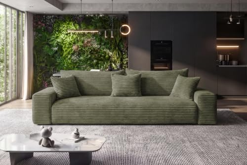 SOFILAND Cordo Schlafsofa 265×150 cm mit Bettkasten – Cord Sofa TILIA Breitcord, SoftTouch Komfort, 3-Sitzer Couch, abnehmbare Kissen, Easy Clean & Pet Friendly (Hellgrün)