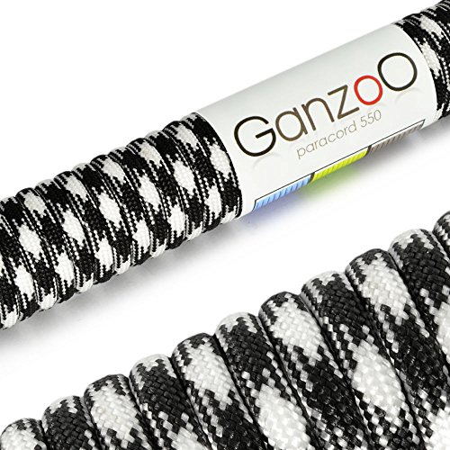 Ganzoo Paracord 550 Seil, Nylon-Polyester, 4mm, Typ 3, 30 Meter, 7 Kernstränge, Outdoor-Schnur, Allzweck-Seil, Hundehalsband, Hundeleine, Armband knüpfen, Camping, Survival - schwarz weiß