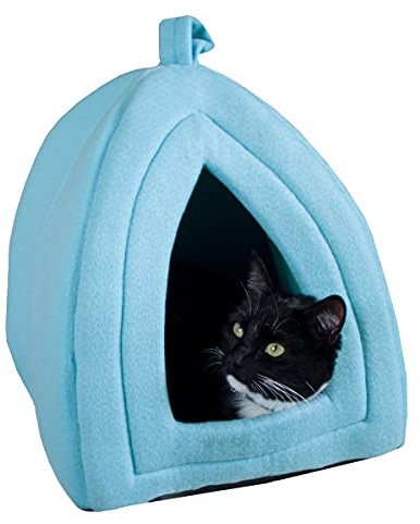 Cat House Indoor Cat Bed with Removable Foam Cushion, Plush Cat Tent Bed for Small Pets, Comfortable Cozy Hideaway for Cats, Kittens, Rabbits, Guinea Pigs, Ferrets, Hedgehogs, by PETMAKER (Blue)