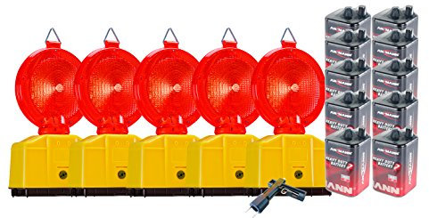 UvV Vollsperrung Set Z9-5 rote Baustellenleuchten LED-Warnleuchte Secura-Halter, inkl. 10 x 6 Volt Batterien 1 x Lampenschlüssel (Zweiseitig + 10 Batterien 9 Ah)