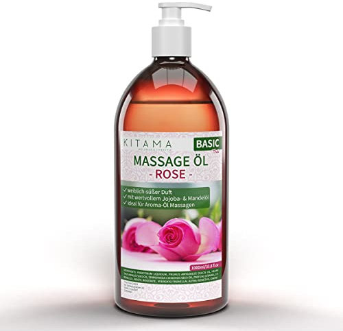 Kitama Massageöl Rose 1-Liter - süßer Duft nach Damaszener Rosen für pflegende Massage zuhause & in der Massagepraxis - Aroma-Öl - Thai Massage-Öl, made in Germany