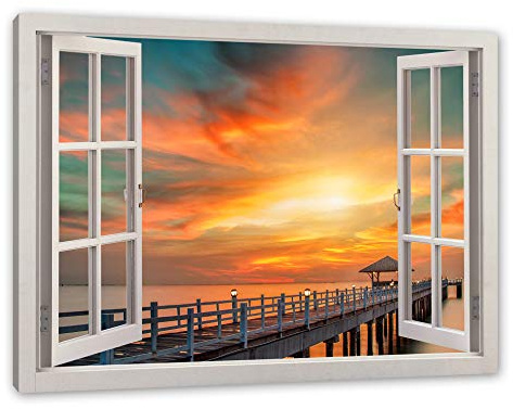 Pixxprint Steg ins Meer bei Sonnenuntergang, Fenster, Größe: 80x60cm, Leinwandbild, fertig gespannt, Wandbild, Dekoration, Kunstdruck, kein Poster