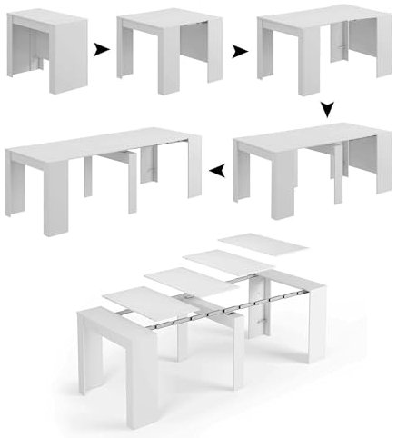 Dmora - Ausziehbarer Tisch Compton, ausziehbarer Esstisch, Tisch mit Erweiterungen ausziehbar auf bis zu 10 Sitzplätze, 51/237 x 90 x 78 cm, glänzendes Weiß