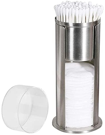 HERCHR 2 in 1 Round Cosmetic Cotton Pad Holder, Stainless Steel Cotton Swabs Make up Pads Dispenser Organizer Box Qtip Holder with Acrylic Lids for Bathroom Vanity Storage